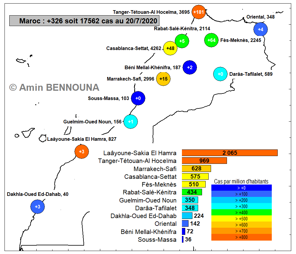 Coronavirus au Maroc : 326 nouveaux cas ce 20 juillet 2020 2 Carte Cas 20200720
